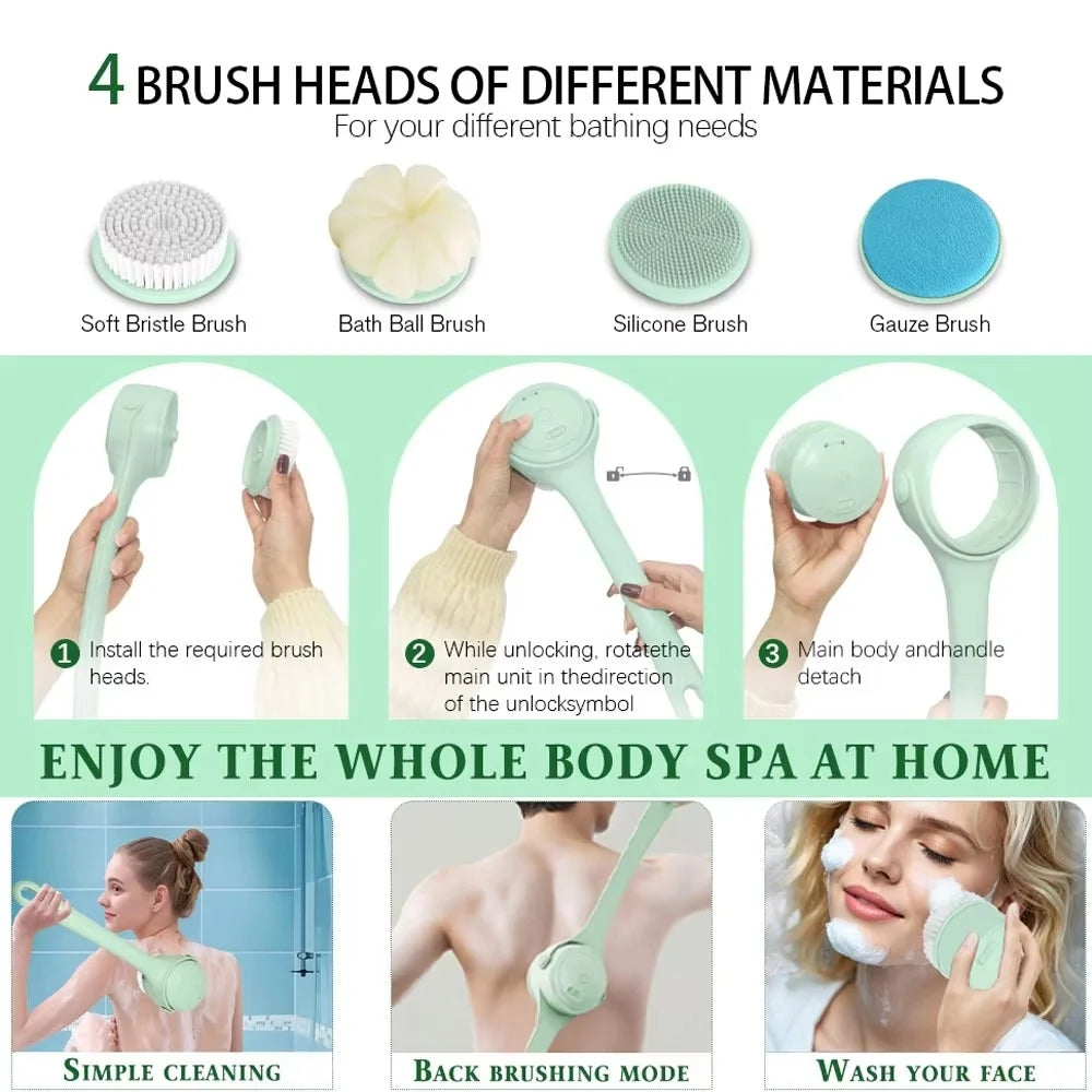 Electric Body Brush 4 Heads Waterproof Long Handle