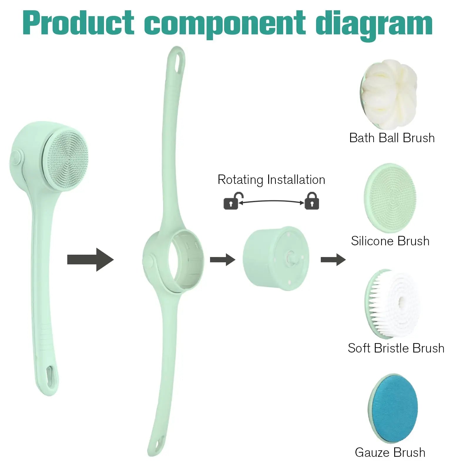 Electric Body Brush 4 Heads Waterproof Long Handle