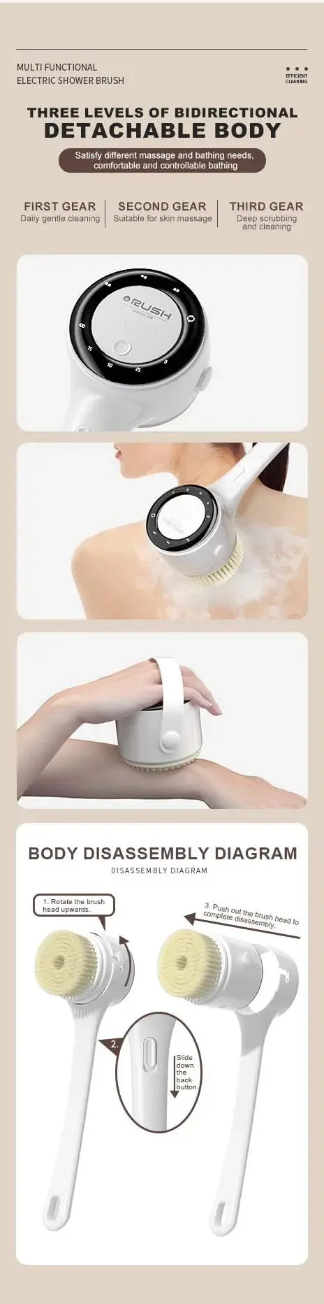 NEW Electric Shower Cleaning Brush 5 Heads 3 Gears Spinning