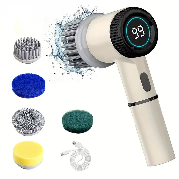 Electric Spin Scrubber With 5 Replaceable Brush Head, Three-speed Adjustable Handheld Rechargeable