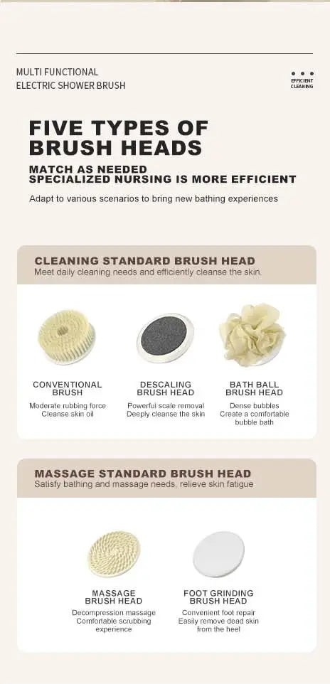 NEW Electric Shower Cleaning Brush 5 Heads 3 Gears Spinning
